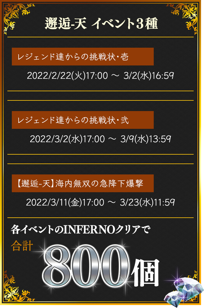 局地戦応援キャンペーン 各イベントのINFERNOクリアで合計4000個