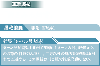 搭載艦艇：駆逐「雪風改」　効果（レベル最大時）：ターン開始時に100％で発動、1ターンの間、敵艦からの攻撃を自身のみ10回、自身以外の味方駆逐艦は5回まで回避する。この戦技は同じ艦で複数発動しない。