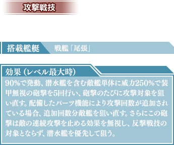 搭載艦艇：戦艦「尾張」　効果（レベル最大時）：90％で発動、潜水艦を含む敵艦単体に威力250％で装甲無視の砲撃を5回行い、砲撃のたびに攻撃対象を狙い直す。配備したパーツ機能により攻撃回数が追加されている場合、追加回数分敵艦を狙い直す。さらにこの砲撃は敵の連続攻撃を止める効果を無視し、反撃戦技の対象とならず、潜水艦を優先して狙う。