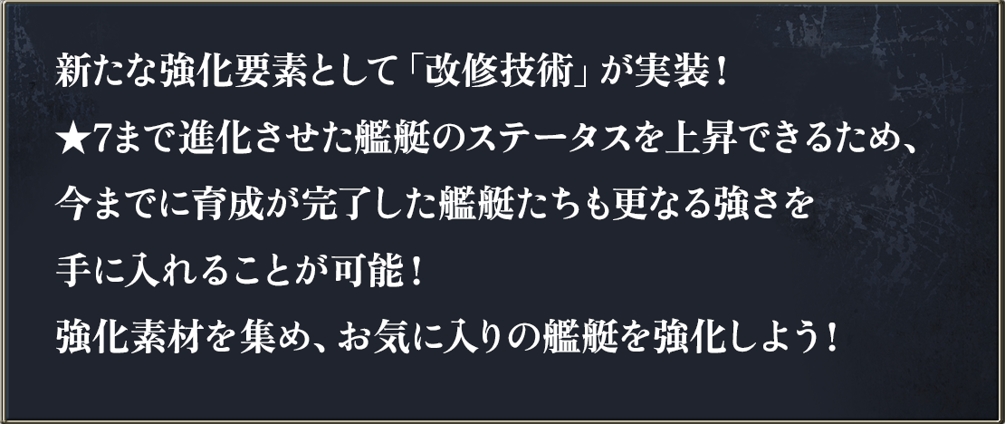 新たな強化要素として「改修技術」が実装！★7まで進化させた艦艇のステータスを上昇できるため、今までに育成が完了した艦艇たちも更なる強さを手に入れることが可能！強化素材を集め、お気に入りの艦艇を強化しよう！